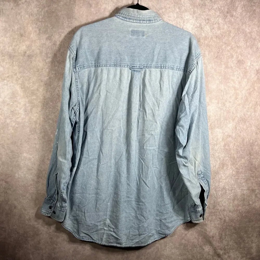 Chaps Ralph Lauren Dress Shirt Mens Size 16.5 34/35 Blue Denim Button Down‎ FLAW